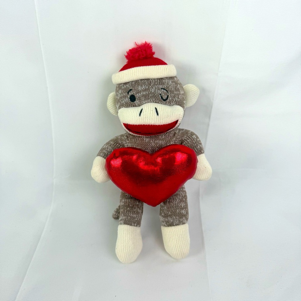 Dan Dee‎ Sock Monkey Plush Stuffed Animal Brown Multicolor Red Heart 9.5”